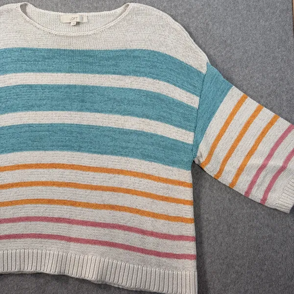 LOFT Women's Large Striped Knit Sweater Top Teal Orange Pink Drop Shoulder Boxy - Image 3