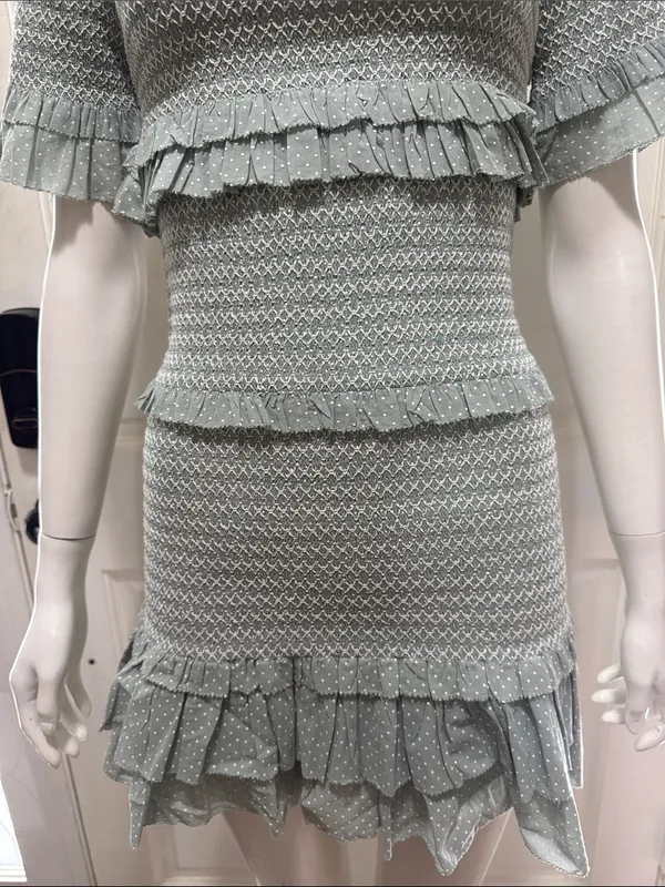 LoveShackFancy Aveline Ruffled Dress Printed Smocked Bell Sleeve Mint Sz XS A - Image 5
