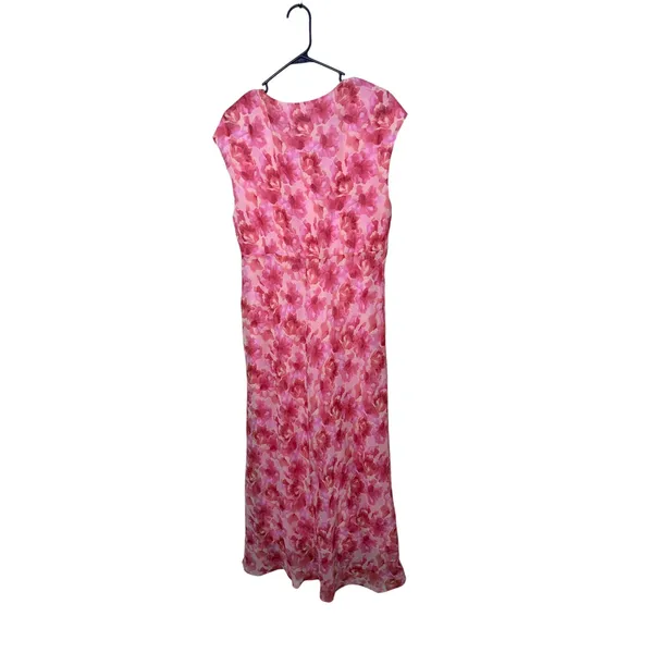 K Studio‎ Pink Floral Chiffon Maxi Dress Sleeveless V-Neck Ruched Size 14 - Image 6