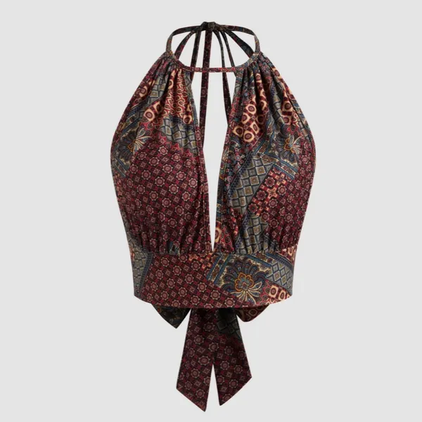 Cider X-small Woven Halter Aztec Knotted Back Crop Top - Image 3