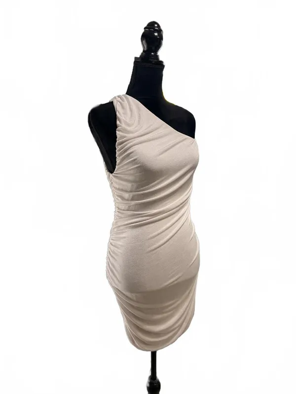 One Shoulder Ruched Bodycon Dress Champagne Beige Mini Cocktail Party Sz Large - Image 3