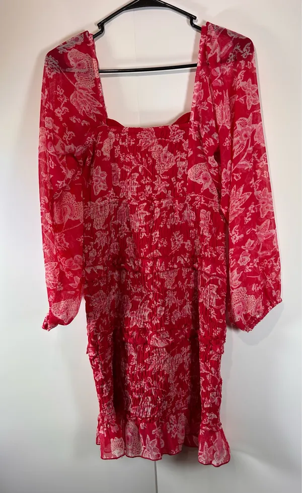 Sim & Sam Red Floral Smocked Ruffle Mini Dress Long Sleeve Medium - Image 3