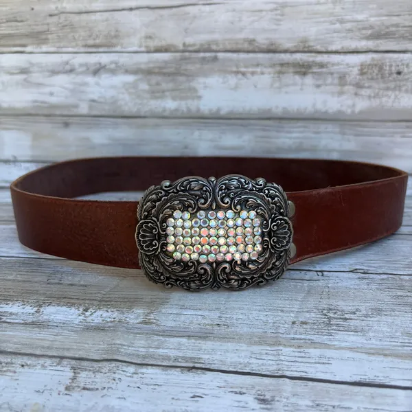VTG Fossil Leather Belt‎ Brown Sz M Rhinestone Embellished Cowgirl Western y2K - Image 10