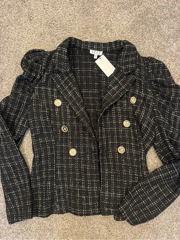 TCEC Black Tweed Double-Breasted Puff Shoulder Jacket with Gold Buttons - Image 2