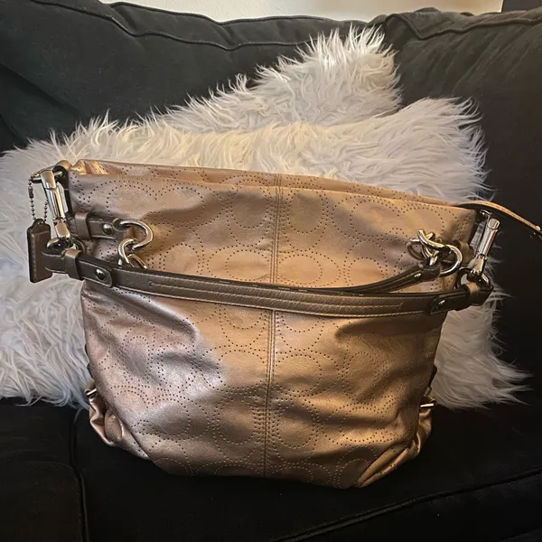 Coach Brooke Metallic Gold Leather Shoulder Bag Purse Signature Perforated Tote - Image 2