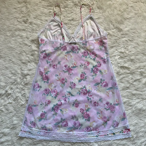 Pucker Up Slip Nightgown Sleepwear Vintage Floral Lace Pink L - Image 4
