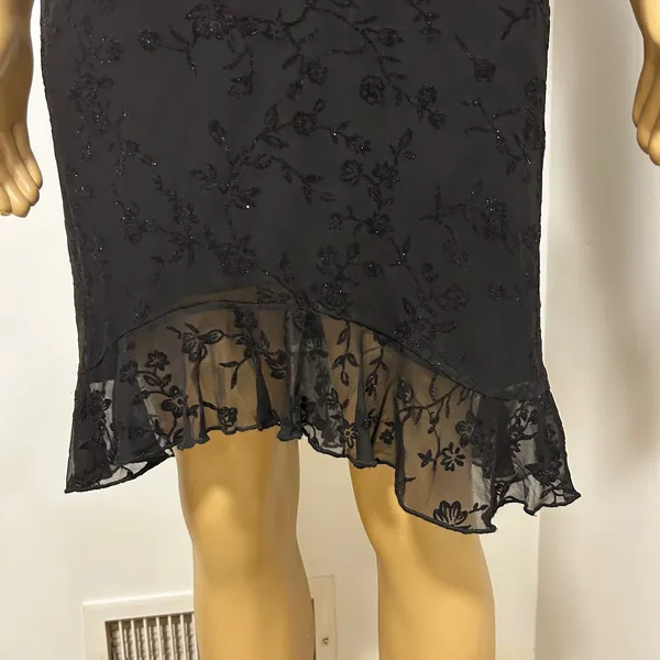 Up Front Black Floral Glitter Sheer‎ Ruffle Hem Sheath Dress Size XS - Image 3
