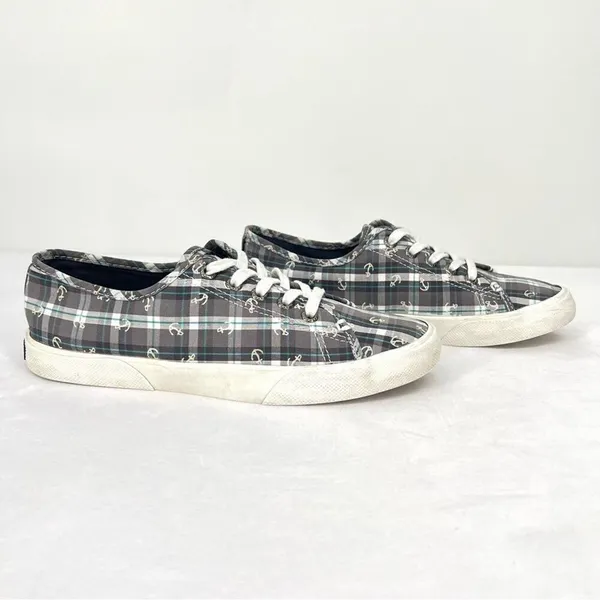 Sperry Pier View Anchor Plaid Gray Blue White Canvas Laced Slip On Sneakers 7.5 - Image 11