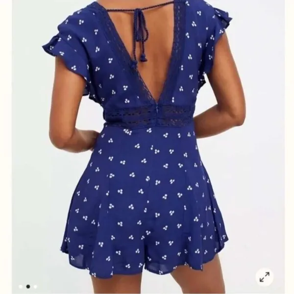 Free People Morning Sun Romper Lace Trim Tie Front Ruffle Boho Festival Size M - Image 2