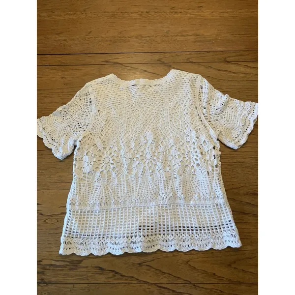 Design History Women's White Cotton Crochet Sheer Boat Neck Top Short Sleeve L - Image 3