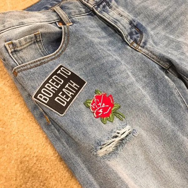Patched distressed girlfriend jeans cropped denim - Image 2
