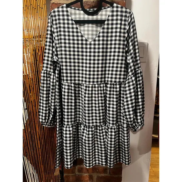 Black White Gingham Babydoll Dress Tiered Cottagecore Large - Image 3