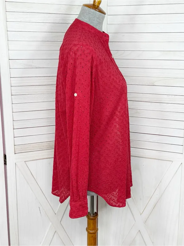 Lauren Ralph Lauren Eyelet Button Up Tunic Shirt Red Small Cottage Preppy Cotton - Image 3