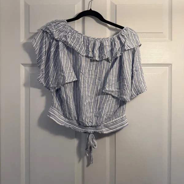 Free People Striped Ruffle‎ Blouse Blue Large Boho Coastal Summer Crop Top - Image 4