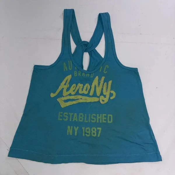 Y2K Vintage Aeropostale Blue Green Embroidered‎ Logo Cross Cross Tank Top - Image 5