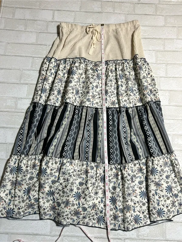 POL Mermaidcore Boho Tiered Maxi Skirt in Cream and Blue Prints Size Large - Image 5