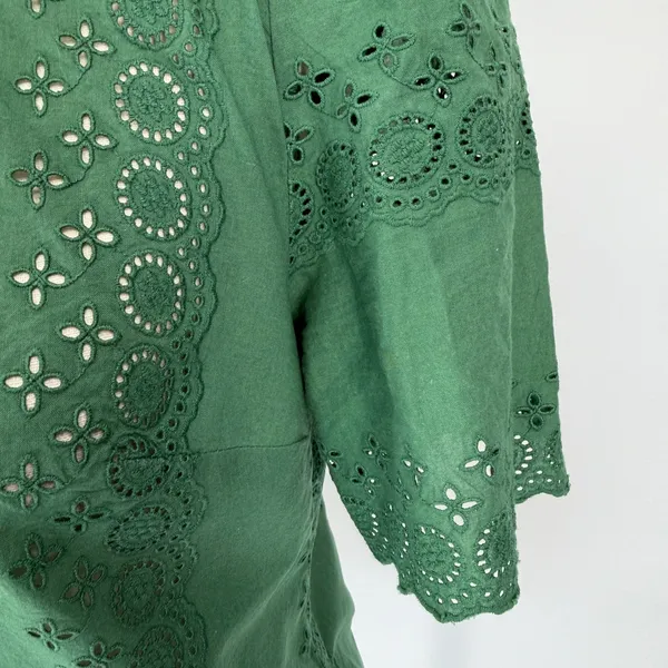 Sézane Louisah Green Organic Cotton Eyelet Ruffle Mock Neck Blouse Size 34 / 2 - Image 6