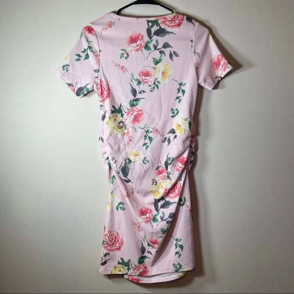 PinkBlush Pink Floral‎ Fitted Ruched Short Sleeve Maternity Dress Size S - Image 7
