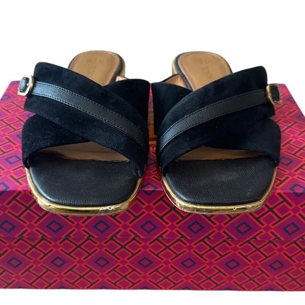 Tory‎ Burch Delaney 5mm Sandals Perfect Black Suede Leather 8 - Image 14