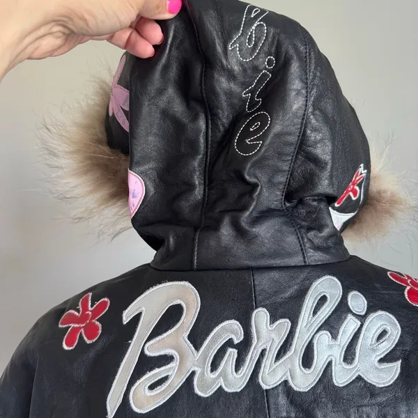 Barbie Custom Embroidered Glam Graphic Leather Jacket With Faux Fur Hood - Image 4