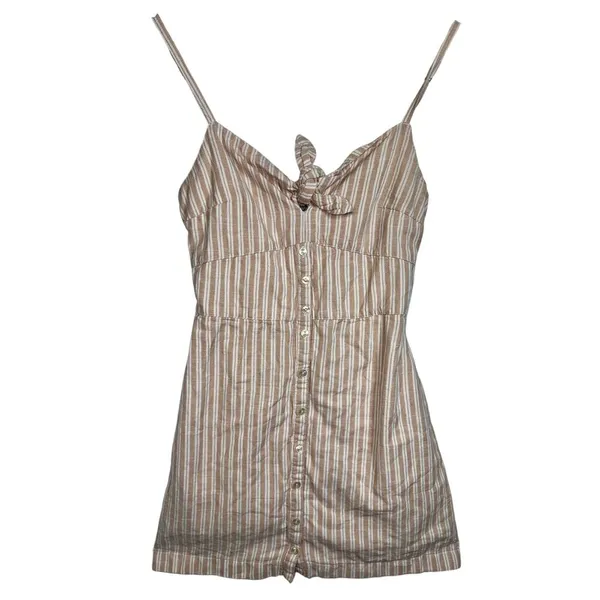 Abercrombie & Fitch White Tan Beige Striped Tie Front Smocked Mini Dress Size XS - Image 3