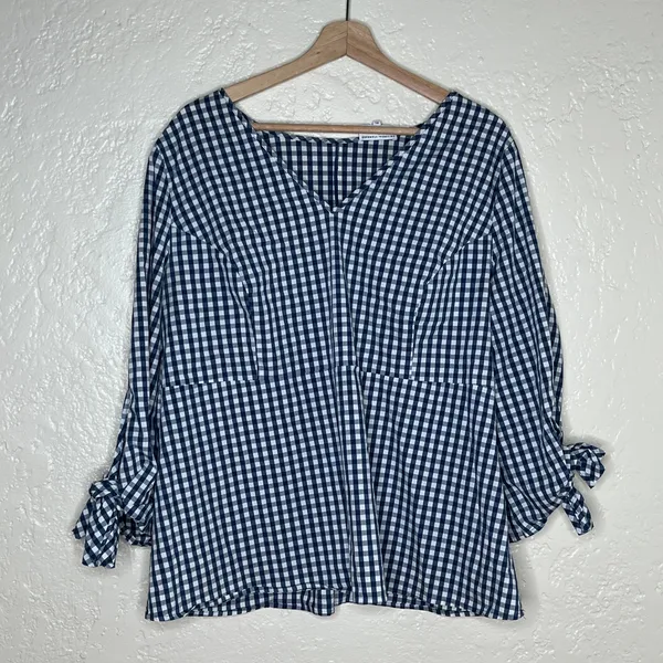 J.Crew x Universal Standard Gingham Tie‎ Blouse Preppy Chic Women Blue White XL - Image 2
