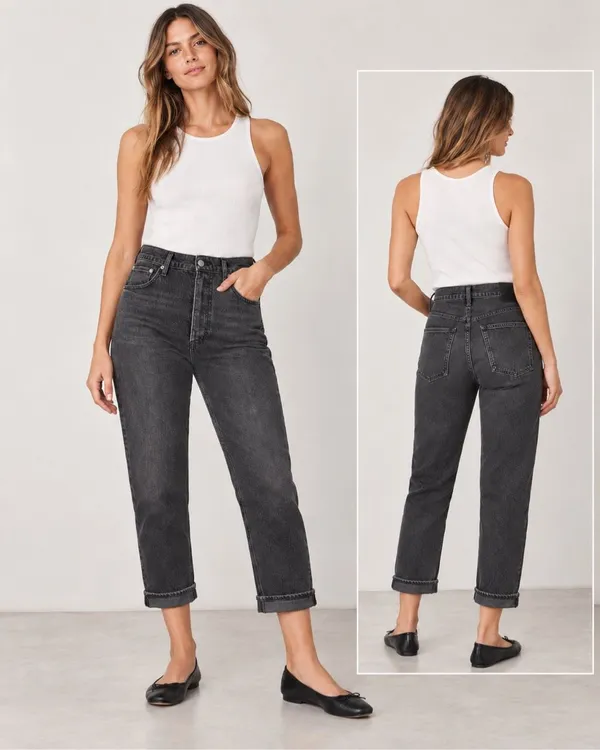 AGOLDE Size 31 High Rise Straight Leg Jeans Washed Black Button Fly Cuffed Hem - Image 2