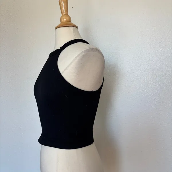 Suzette Solid Black Ribbed Halter Tank Top - Image 7