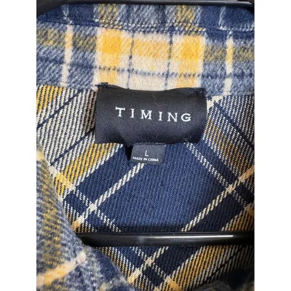Timing Plaid Shacket Navy Blue Yellow Flannel Shirt Jacket Large - Image 5