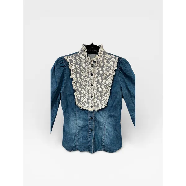 Victorian Style Prairie Denim Blouse White Floral Lace Ruffle Collar & Cuffs XS - Image 3