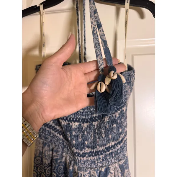 Shore Brand Blue Paisley Cotton Halter Maxi Dress Smocked Cutout Shell Tassels M - Image 5