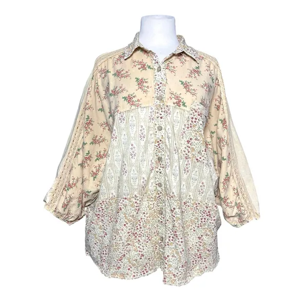 NWT EASEL Women’s Boho Mixed Floral Print Patchwork Button Up Shirt - Image 4