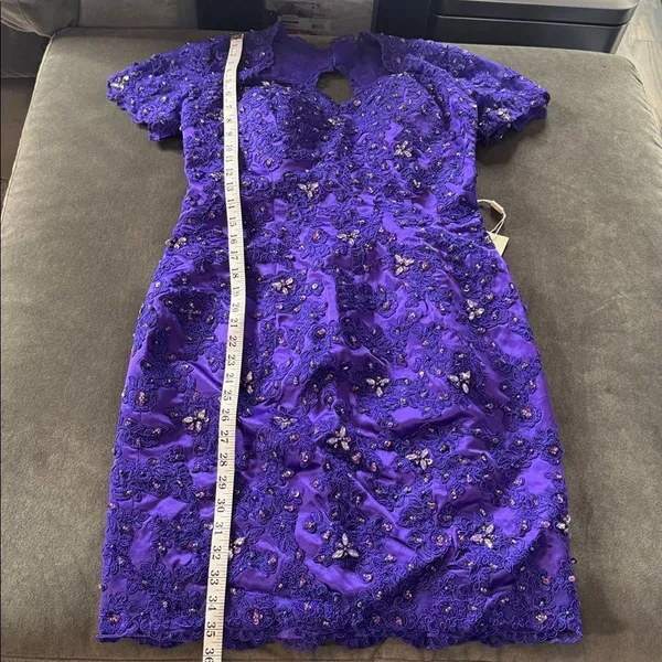 Women’s Purple Short Sleeve Formal Dress Lace Appliqué Zip Up Back Size 8 NWT - Image 8