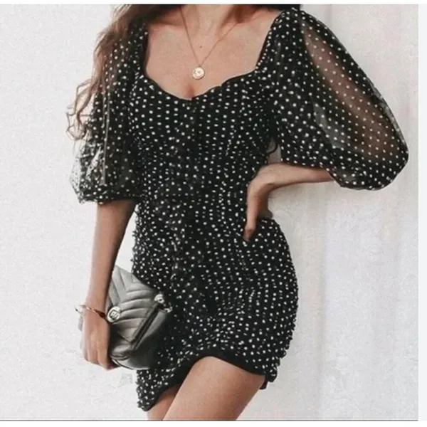 ZARA Polka Dot Ruched Mini Dress M Black‎ - Image 2
