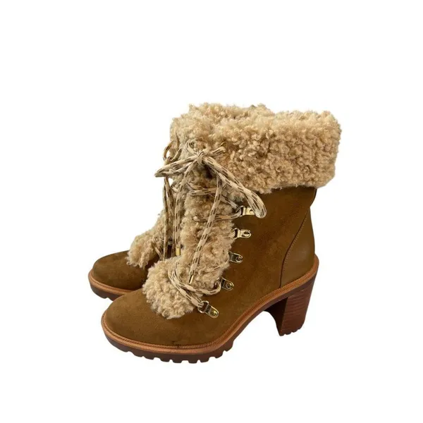 JLO Jennifer Lopez Brown Shearling-Lined Lace-Up Boots With Block Heel - Image 2