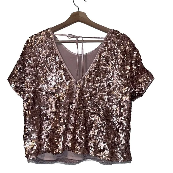 Abercrombie and Fitch Rose Gold Sequins Top Tie Open Back Boxy‎ party S - Image 4