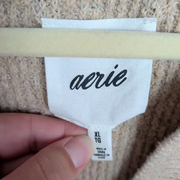 AERIE Beige V-Neck Collared Textured Oversized Sweater Drop Shoulder Women's XL - Image 3