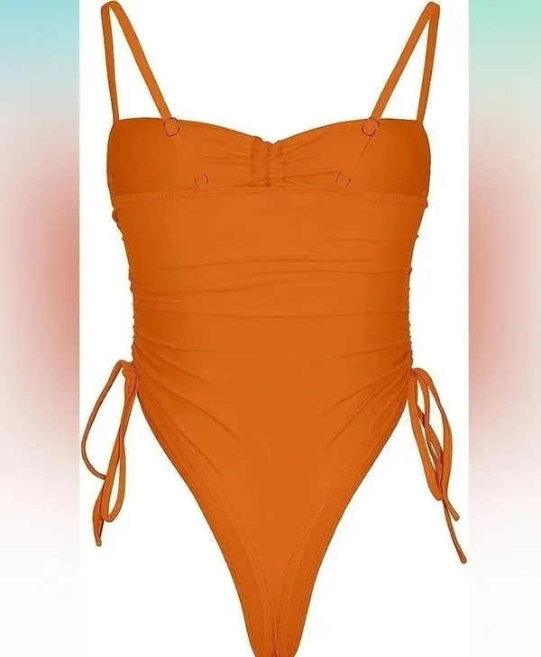 Haloon Womens Ruched Spaghetti Strap Cutout High Leg One Piece Swimsuit Swimwear - Image 3