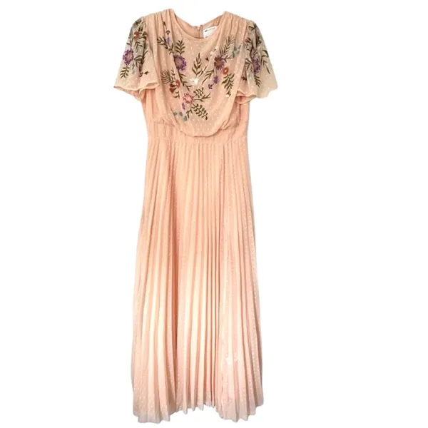 ASOS Women’s Floral Embroidered Cowl Neck Swiss Dot Pleated Maxi Dress Slit 8T - Image 4