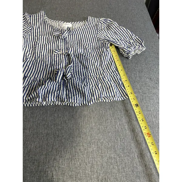 Japna Blue White Striped Tie Front Bow Puff Short Sleeve Square Neck Blouse M - Image 6