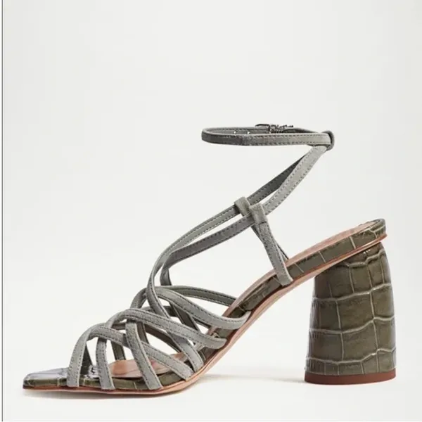 Sam Edelman Daffodil Croc Strappy Heel Sandal in Mineral Green Suede NEW - Image 3