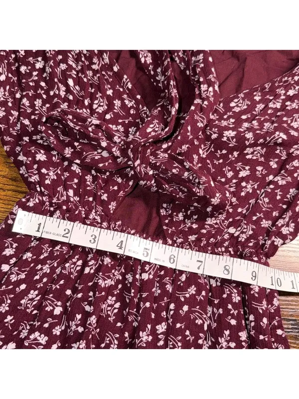 Abercrombie & Fitch Burgundy Floral Ruffle Hem Midi Dress - Image 9