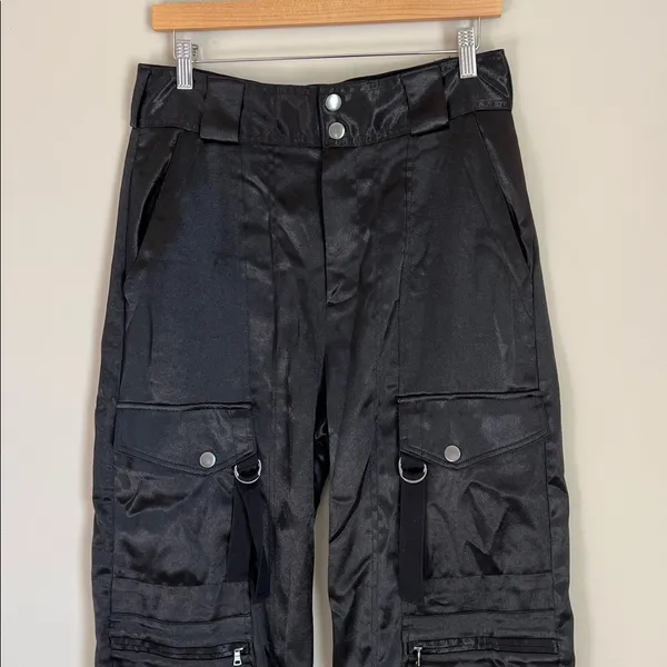 Free People Satin Cargo Pants Wide Leg Gothic Whimsical Sz Medium Baggy - Image 3