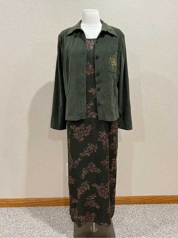 Erika Vintage 90s Two Piece Set Olive Green Floral Maxi Dress & Shacket Sz Small - Image 2