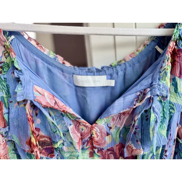 Zimmermann Winsome Sky Sunbleach Floral 100% Silk Ruffle Mini Dress Size 2 - Image 7