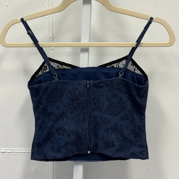 Edikted Navy Blue Floral Mesh Lace Trim Corset Cami Crop Top Small Whimsigoth‎ - Image 2