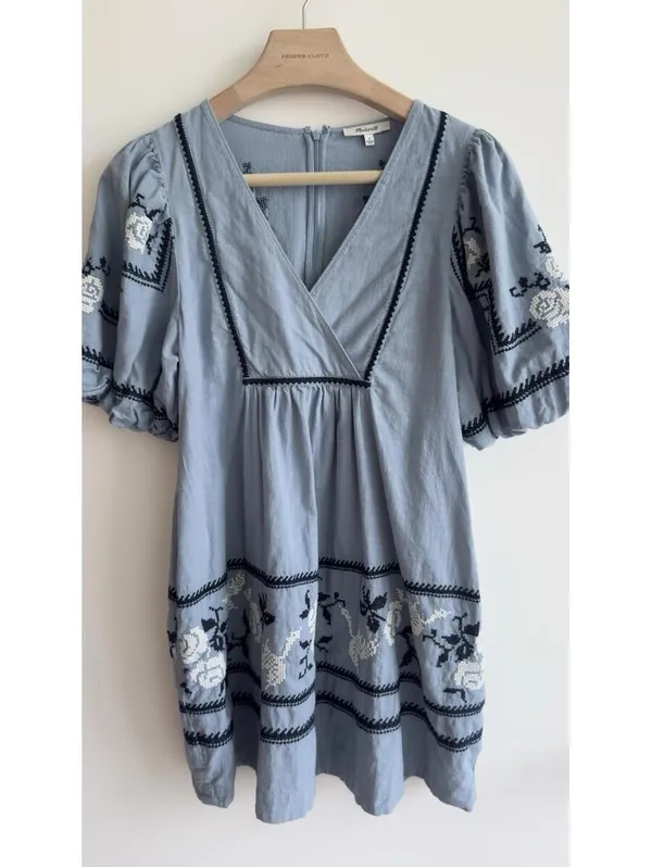 Madewell Embroidered Foldover V-Neck Mini Dress Terrace Blue Cotton Puff Sleeve - Image 4