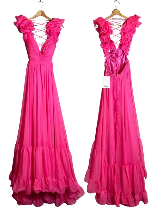 Mac Duggal Ruffle Tiered Cut-Out Chiffon Gown Womens 4 Hot Pink Formal 67911 NWT - Image 4