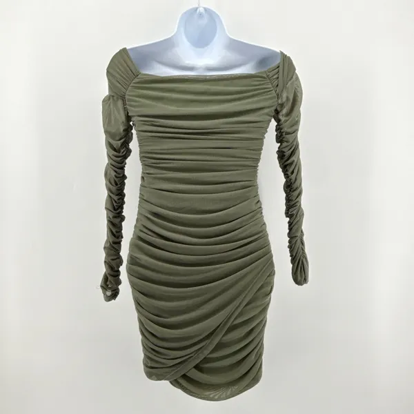 Selfie Leslie Ruched Off Shoulder Mini Dress S Olive Green Long‎ Sleeve Bodycon - Image 6