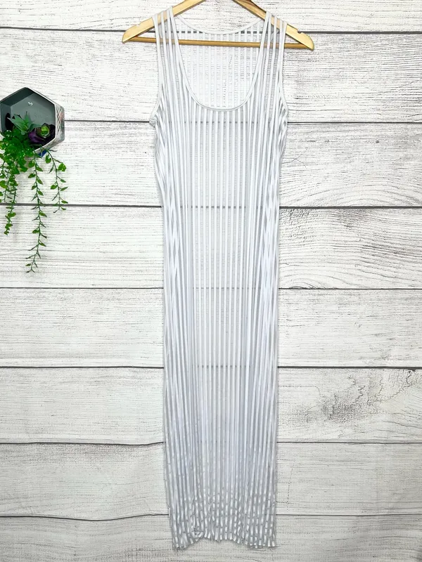 Sheer White Stripe Scoop Neck Sleeveless High Slit Maxi Dress Swim Cover Small - Image 7